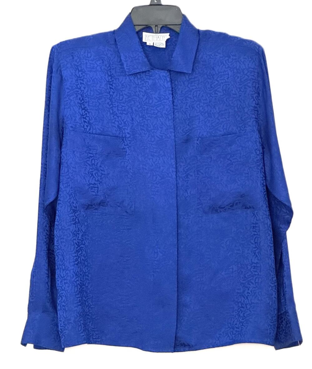 Vintage blue BETHANY shirt-style blouse in 100% silk jacquard (sizes M–L)